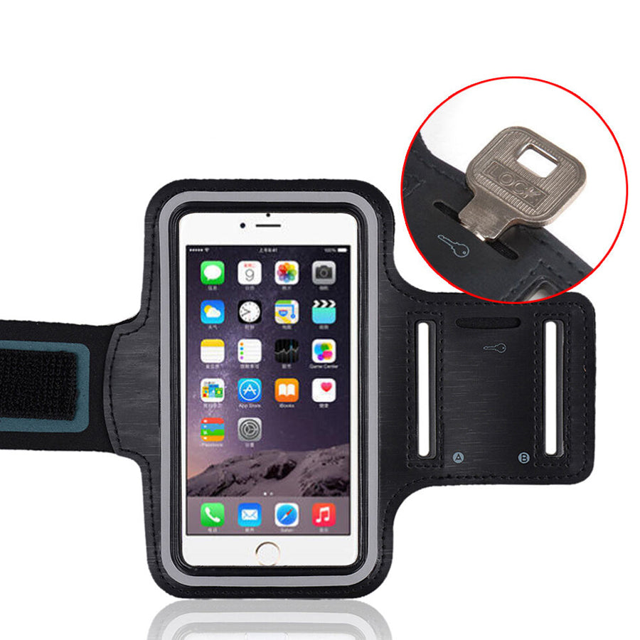 Phone armband with key holder feature on a white background.