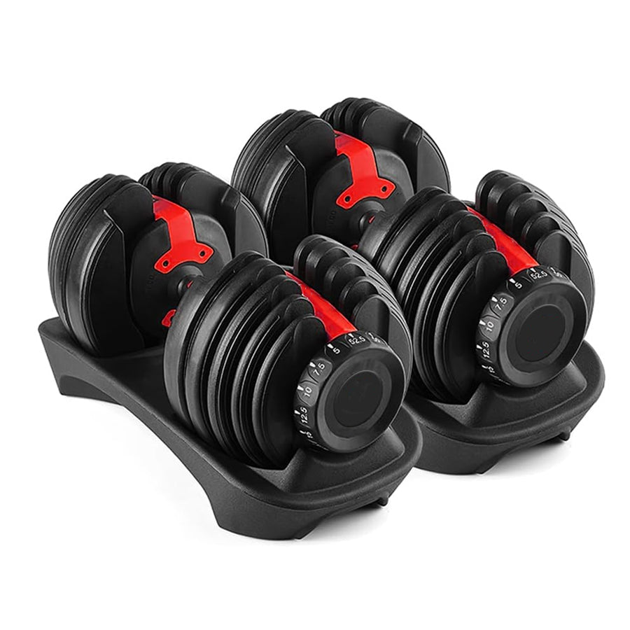 Set of adjustable dumbbells with red accents on a white background