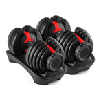 Set of adjustable dumbbells with red accents on a white background