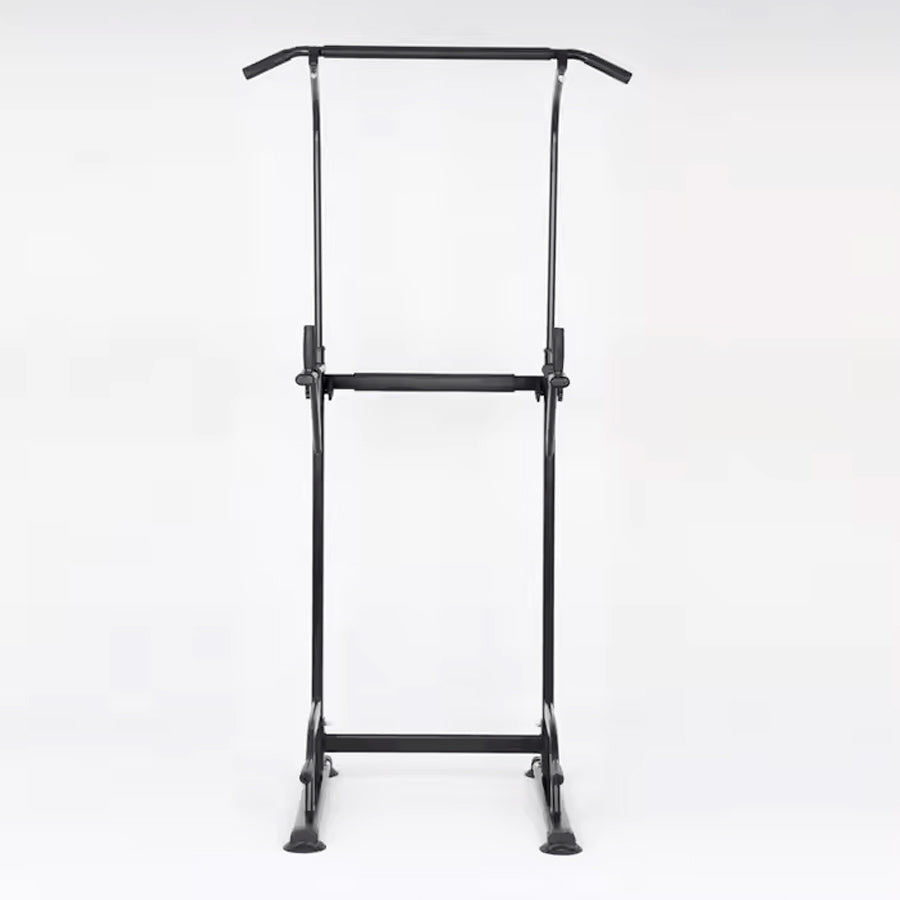 Black metal standing rack on a white background