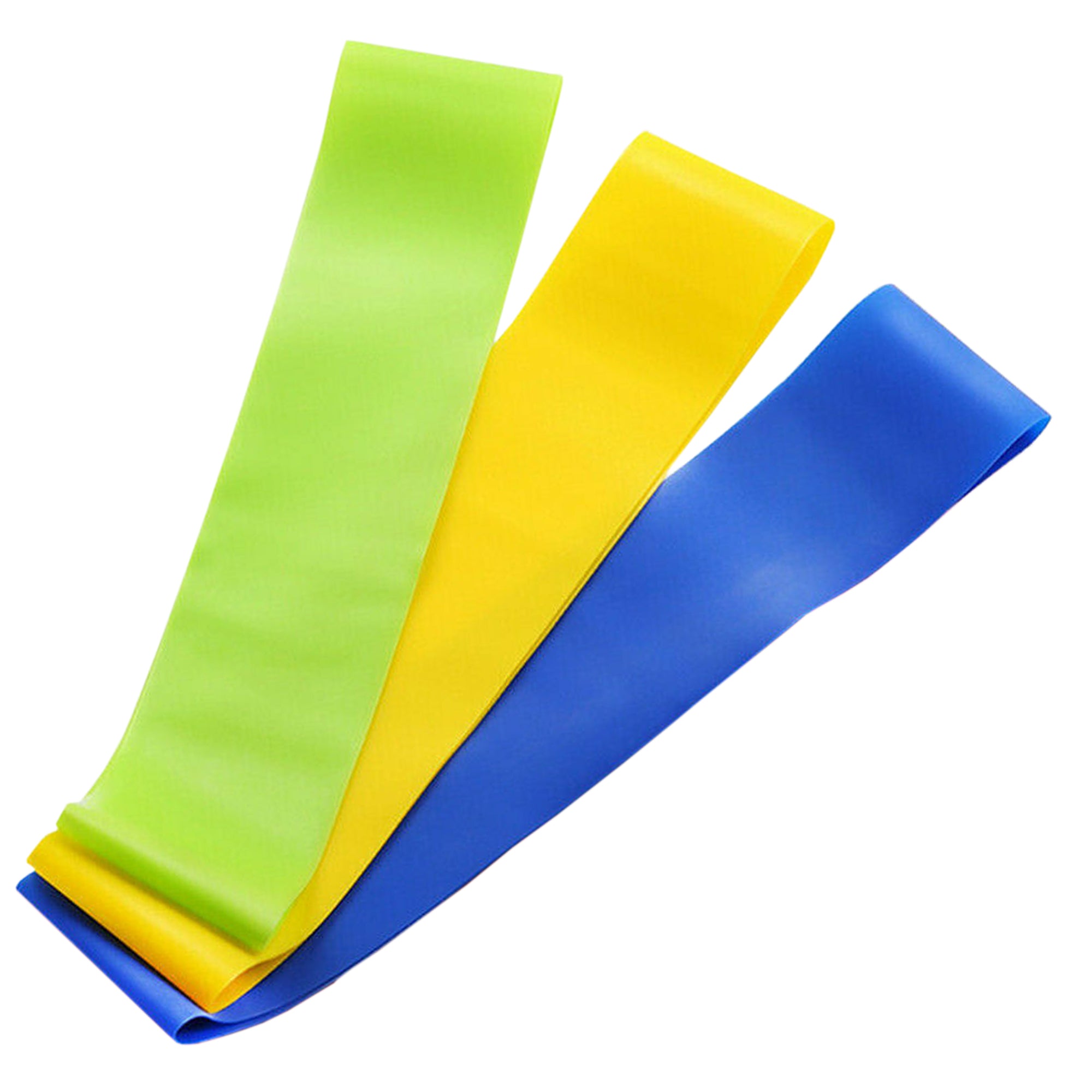 A set of five color-coded resistance bands, arranged from lightest to darkest, including colors blue, green, yellow, red, and black. Each band is made of latex and is designed for fitness and stretching exercises.