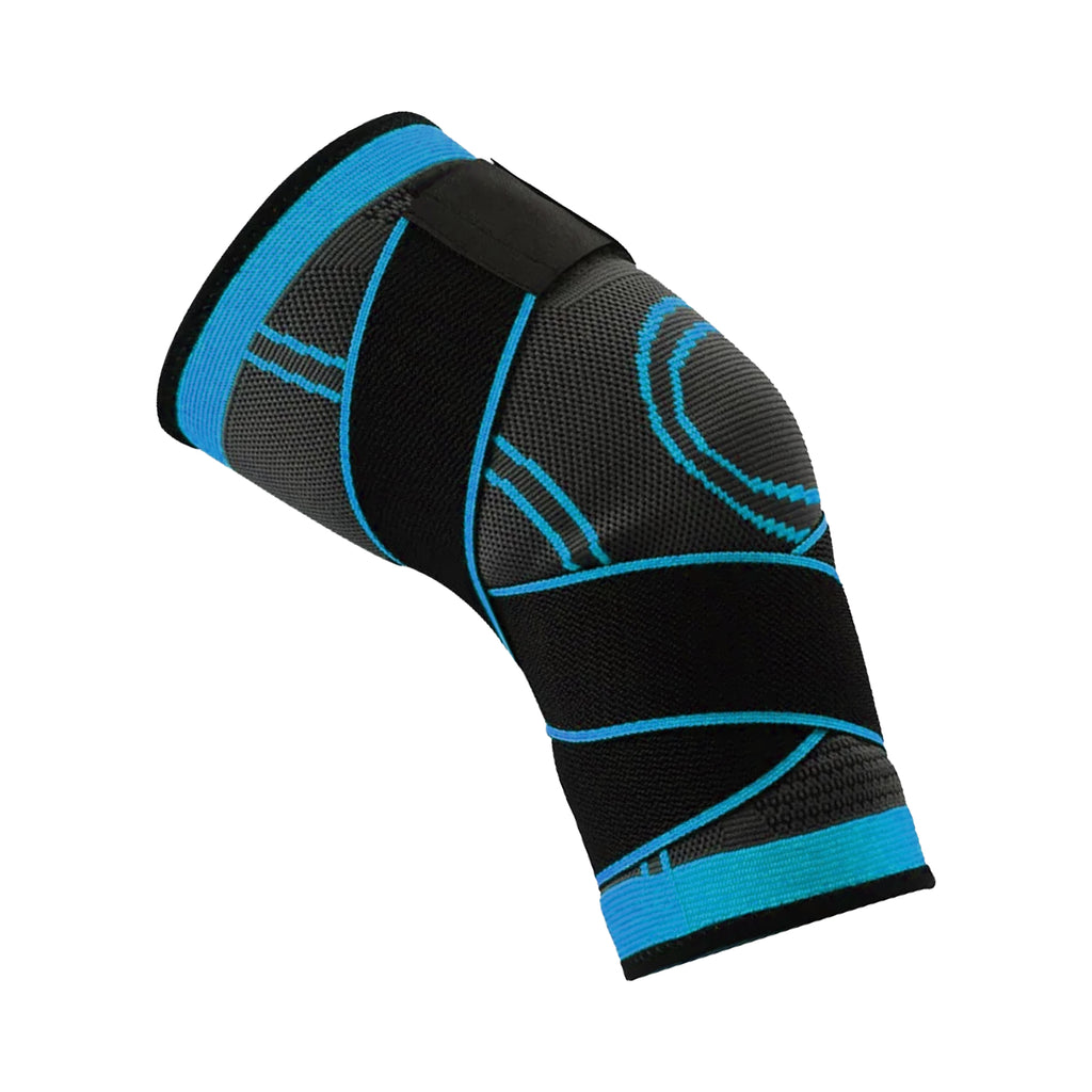 A black and green knee support brace with stabilizing strap and copper infused compression fabric.