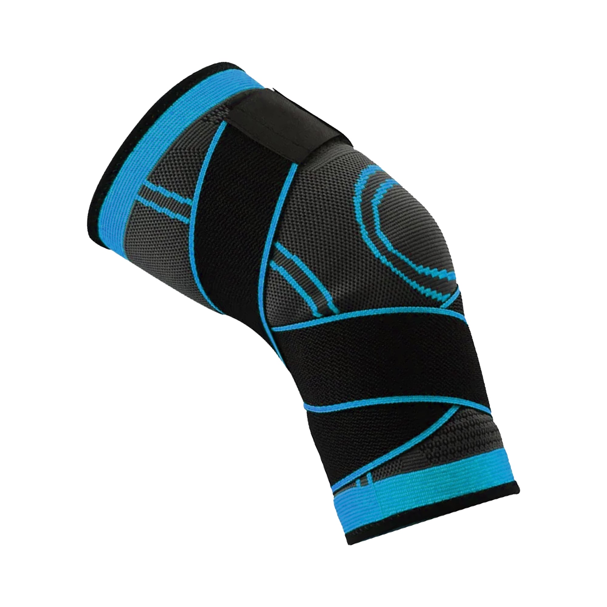 A black and green knee support brace with stabilizing strap and copper infused compression fabric.