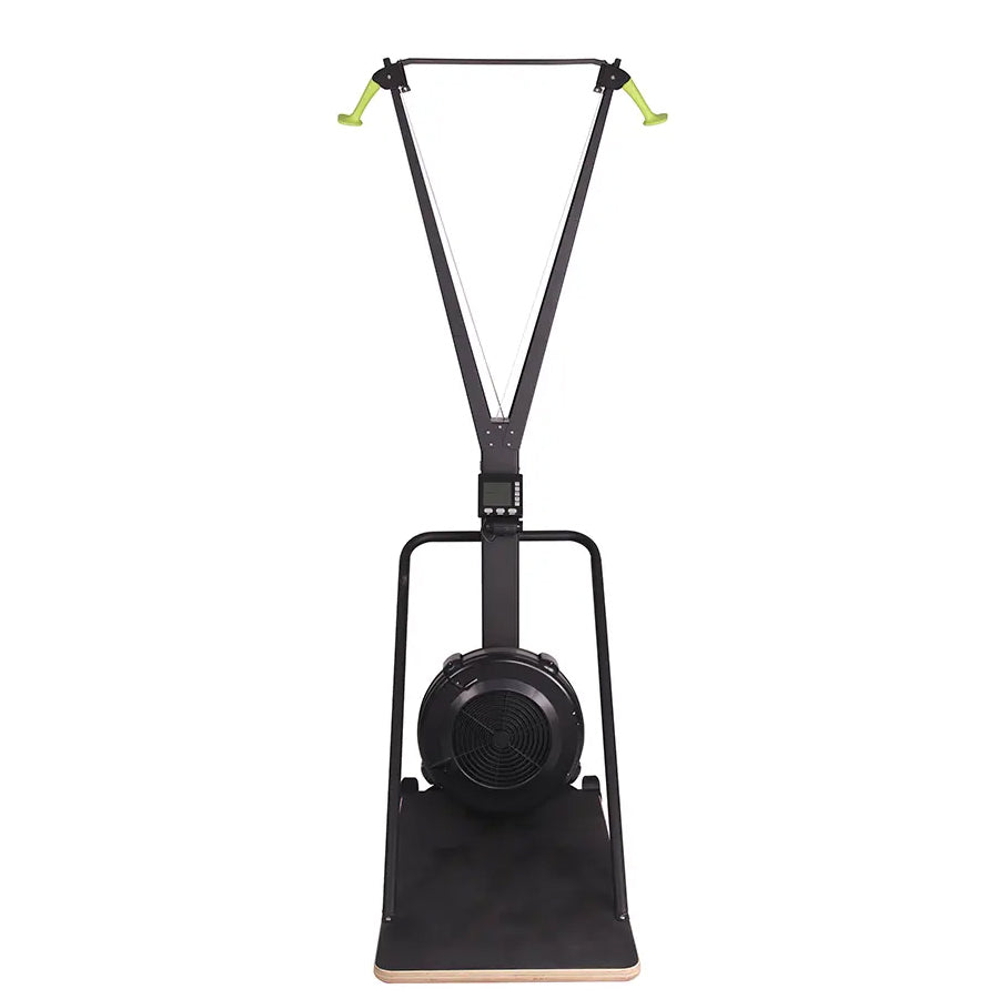 Black headphones on a stand with green accents on a white background