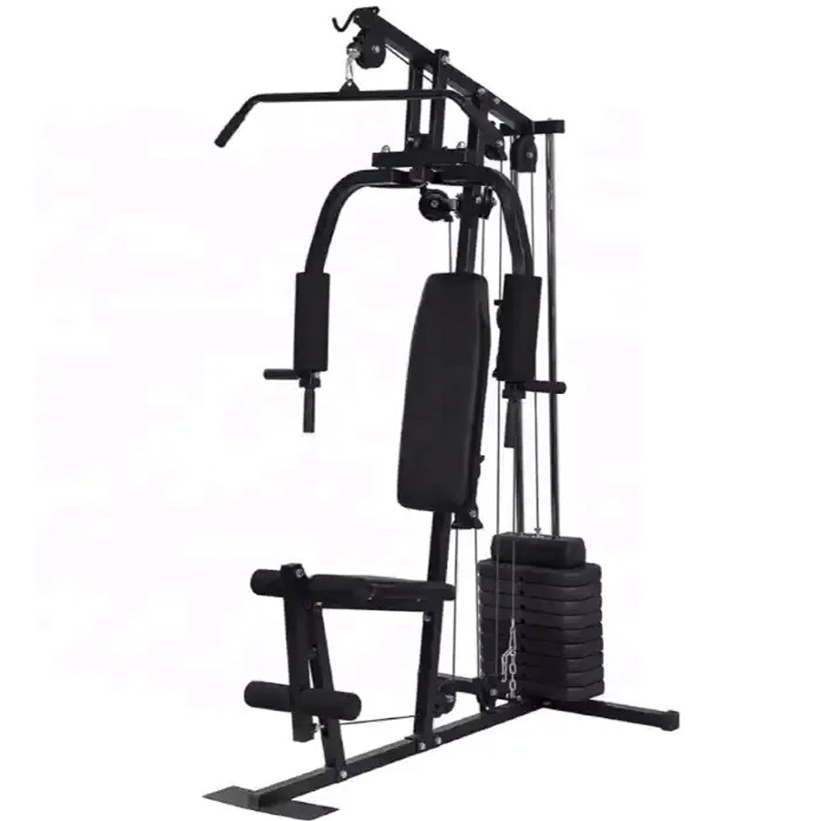 A multi-gym exercise machine with a weight stack, padded seats, and various workout stations for strength training.