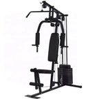 A multi-gym exercise machine with a weight stack, padded seats, and various workout stations for strength training.