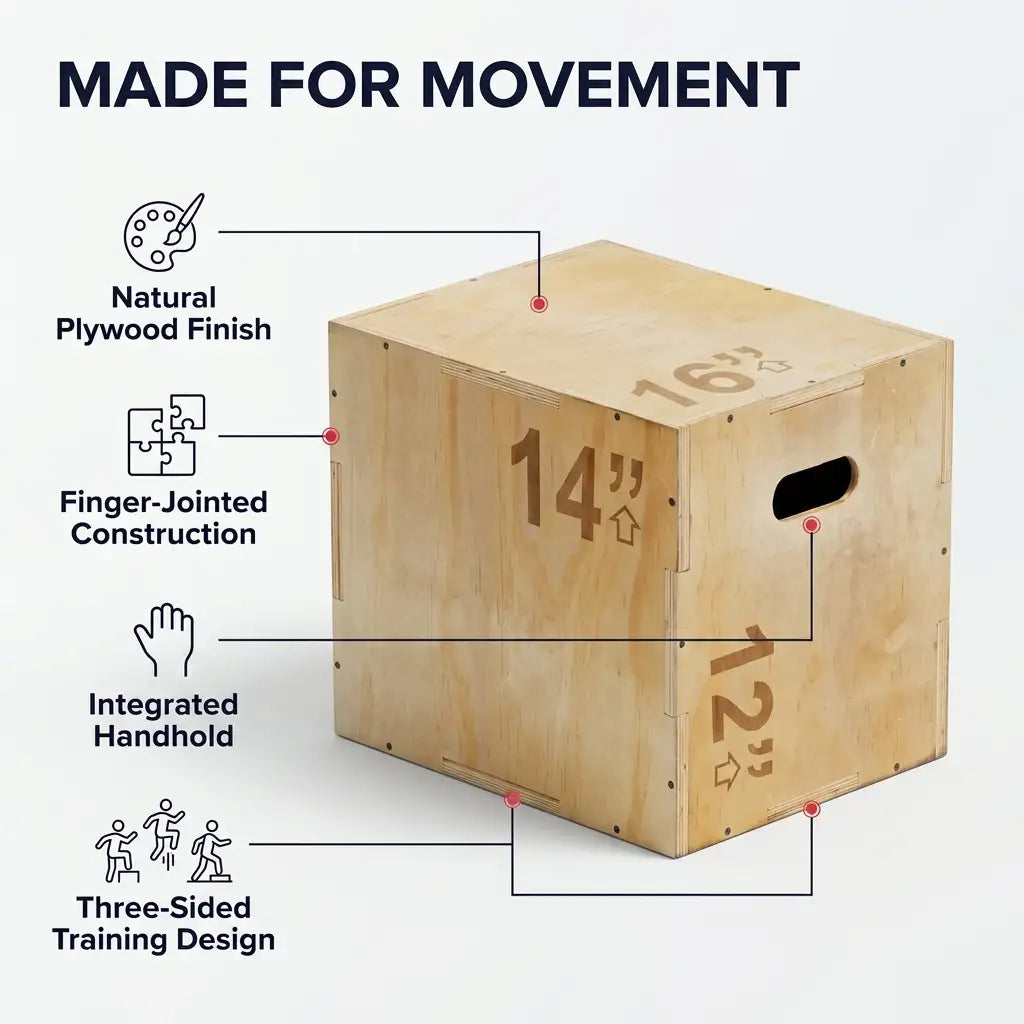 A wooden plyo box with printed size markings and callout lines explaining features like natural plywood finish, finger-jointed construction, integrated handhold, and three-sided training design on a light gray background.