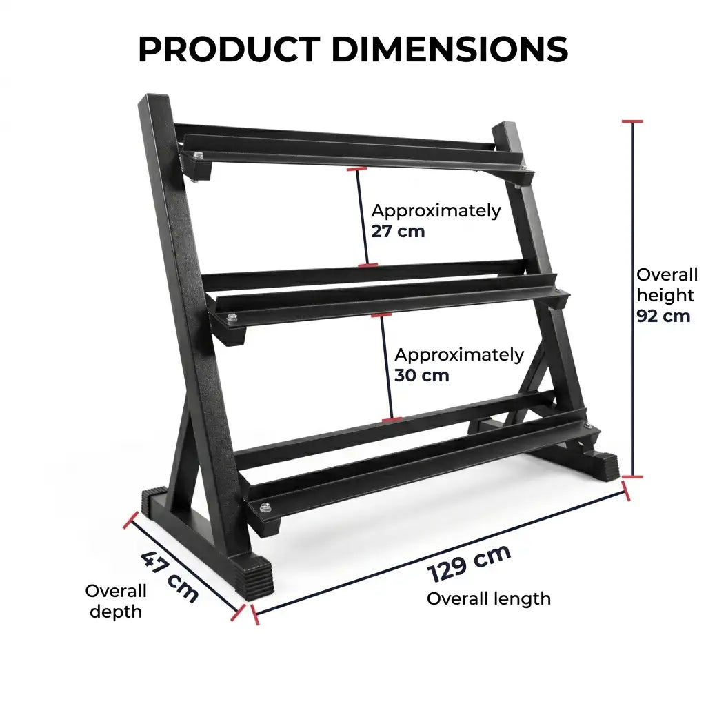 Black metal multi-bar exercise stand with overlaid dimension lines and text showing overall height 92 cm, overall length 129 cm, overall depth 47 cm, and bar spacing of approximately 27 cm and 30 cm on a white background.