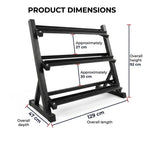 Black metal multi-bar exercise stand with overlaid dimension lines and text showing overall height 92 cm, overall length 129 cm, overall depth 47 cm, and bar spacing of approximately 27 cm and 30 cm on a white background.
