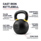 Cast iron kettlebell on a white background with callout labels pointing to features such as the comfortable handle, textured surface, yellow accent band, and stable base.