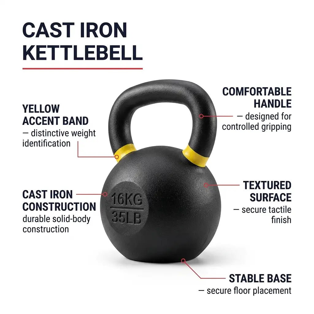 Cast iron kettlebell on a white background with callout labels pointing to features such as the comfortable handle, textured surface, yellow accent band, and stable base.