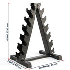 A black metal A-frame dumbbell rack with multiple weight plates inserted into each slot, shown on a plain white background.