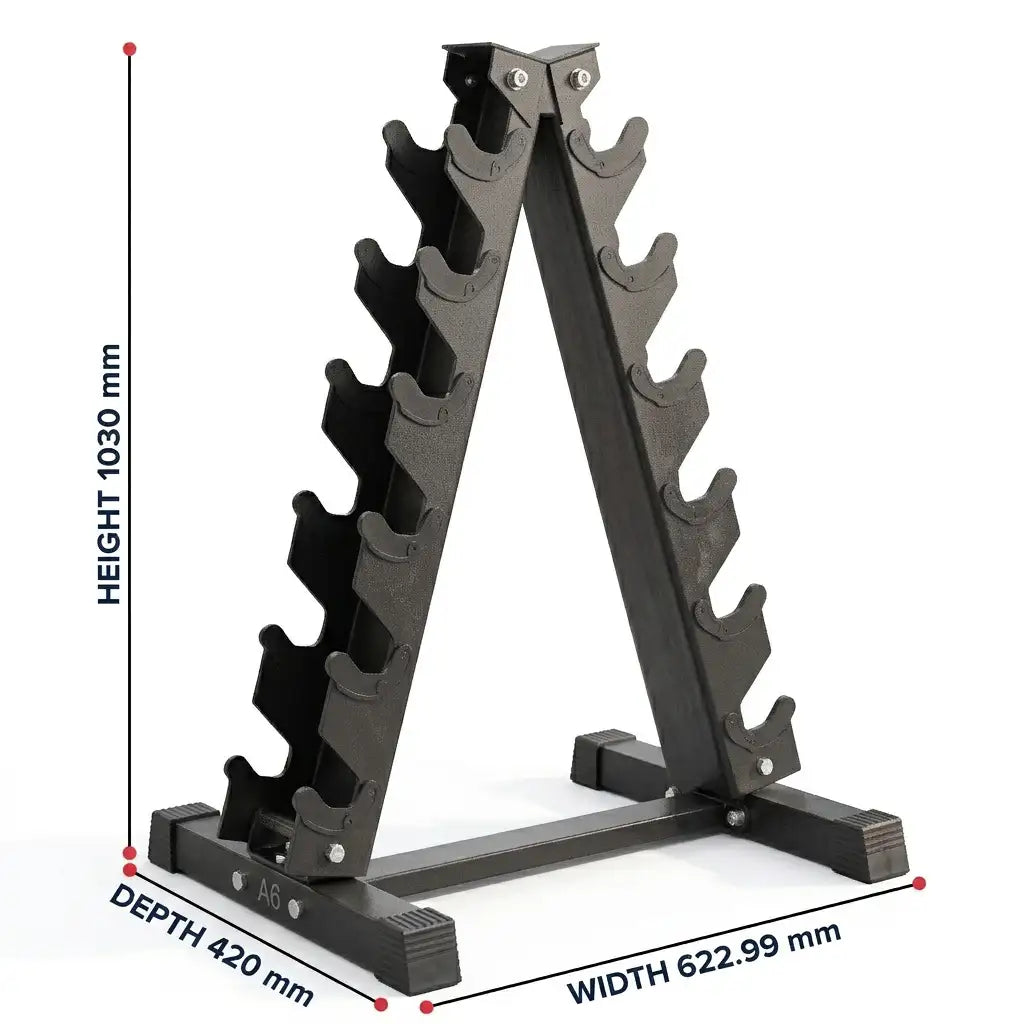 A black metal A-frame dumbbell rack with multiple weight plates inserted into each slot, shown on a plain white background.