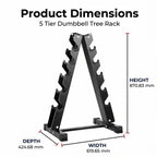 Product dimensions diagram for a 5-tier dumbbell tree rack, showing a black metal A-frame rack with labeled measurements for height, depth, and width on a white background.