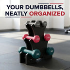 A black dumbbell rack holding four dumbbells in a gym setting, with large promotional text at the top reading 'YOUR DUMBBELS, NEATLY ORGANIZED.' The dumbbells are labeled 0.