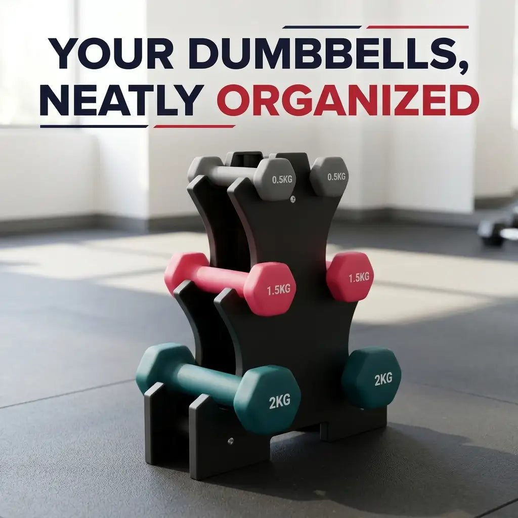 A black dumbbell rack holding four dumbbells in a gym setting, with large promotional text at the top reading 'YOUR DUMBBELS, NEATLY ORGANIZED.' The dumbbells are labeled 0.