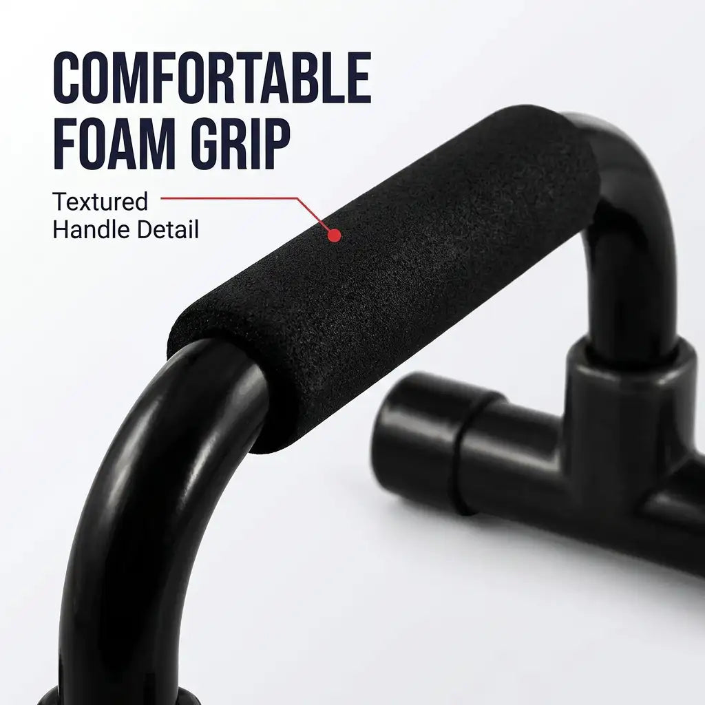 Close-up of a black foam handlebar grip with text reading 'COMFORTABLE FOAM GRIP' and 'Textured Handle Detail' on a clean white background.