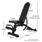 Black adjustable weight bench with measurements on a white background