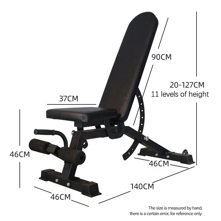 Black adjustable weight bench with measurements on a white background