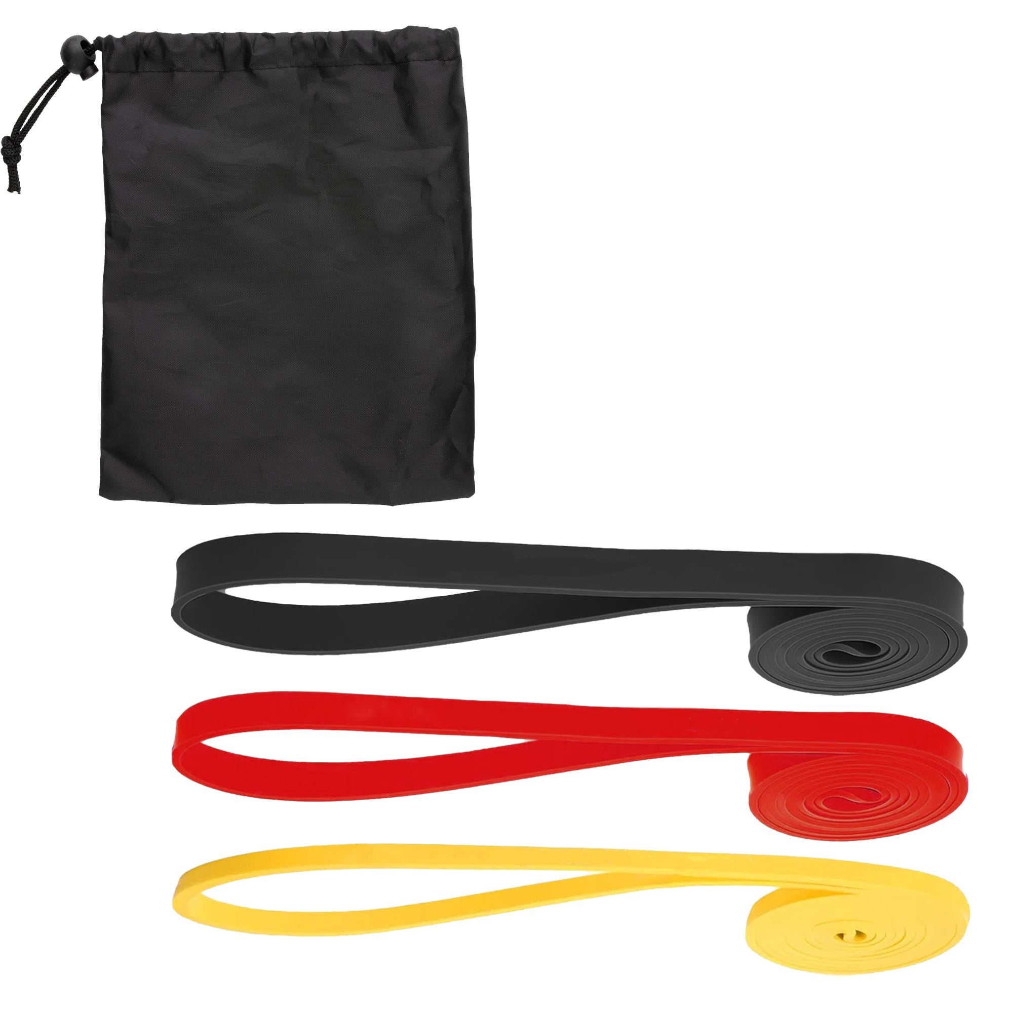 A set of five resistance bands in different colors, including yellow, red, black, purple, and green, displayed with a black carrying pouch.