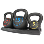 A set of three black kettlebells on a stand, with each kettlebell having a different weight marking: 5, 10, and 15 in colorful numbers.