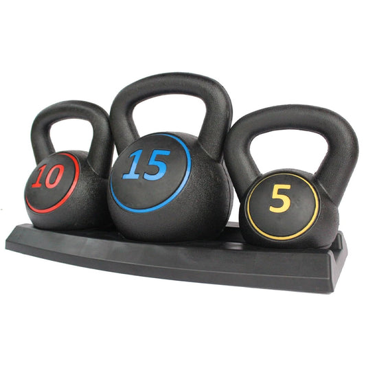 3-Piece Kettlebell Weight Set with Storage Stand – 5lb, 10lb, 15lb (2.2kg, 4.5kg, 6.8kg) – Home Gym Strength & Cardio Training
