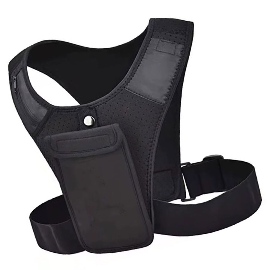 Black tactical vest with shoulder strap on white background