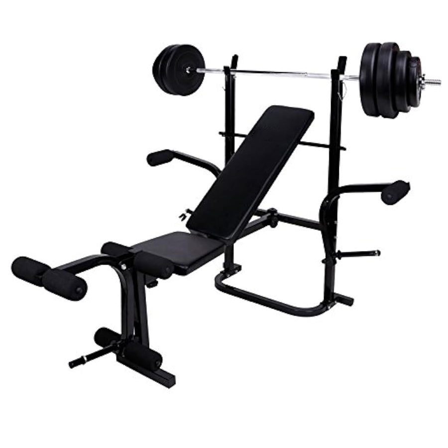 Black weight bench with weight plates on a white background