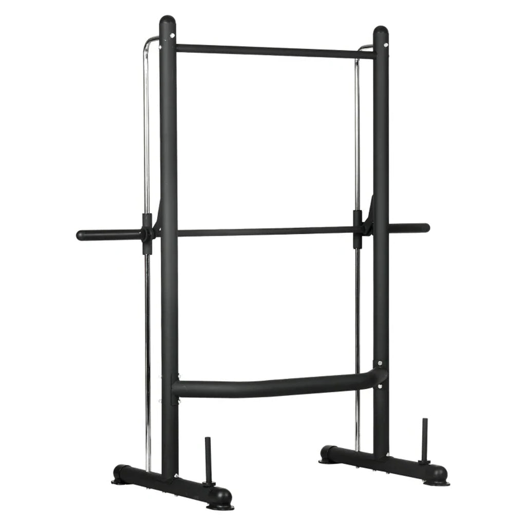 Black metal fitness power rack on a white background