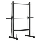 Black metal fitness power rack on a white background