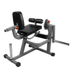 Gym leg extension machine on a white background