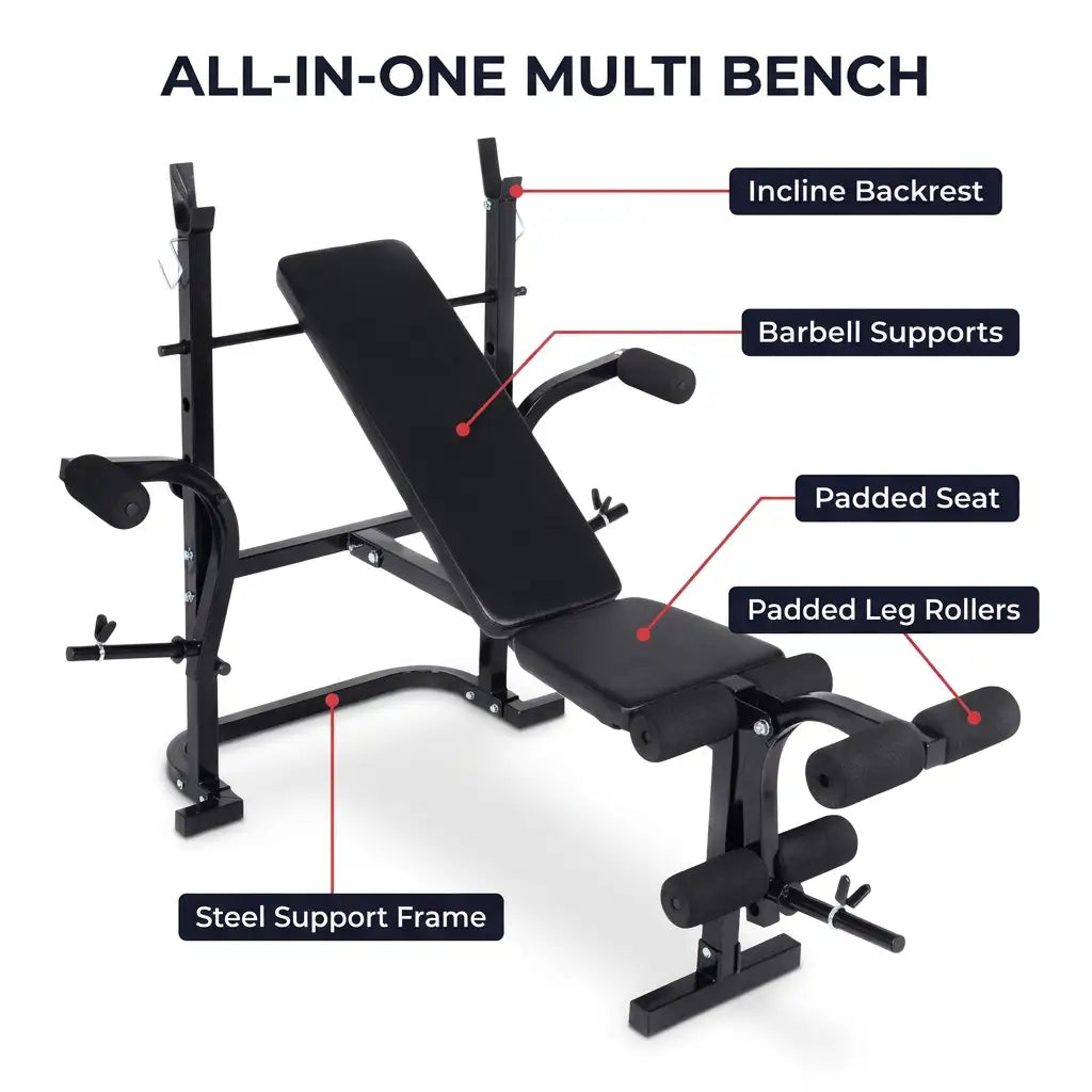 Black all-in-one multi bench weight bench with callout labels pointing to the incline backrest, barbell supports, padded seat, padded leg rollers, and steel support frame on a white background.