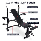 Black all-in-one multi bench weight bench with callout labels pointing to the incline backrest, barbell supports, padded seat, padded leg rollers, and steel support frame on a white background.