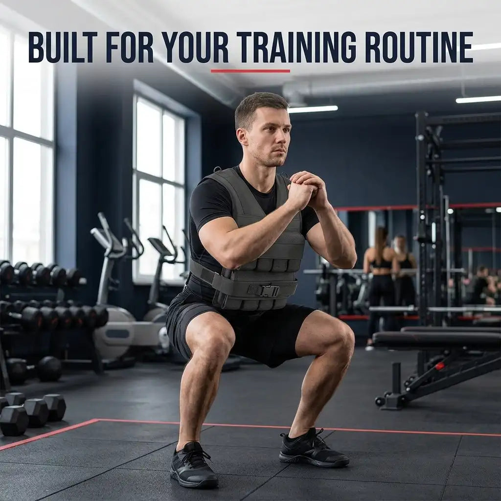 A man in a gym wearing a black and gray abdominal exercise vest, performing a deep squat. The background shows gym equipment like dumbbells, treadmills, and weight benches.