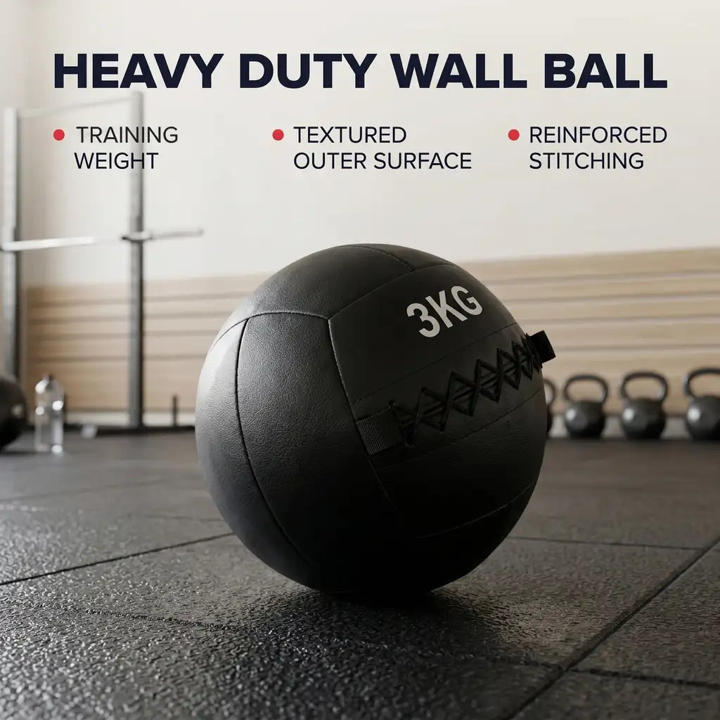 A black 3KG heavy duty medicine ball with a textured surface and reinforced stitching, resting on a gym floor with fitness equipment in the background. Text overlays highlight key features: 'HEAVY DUTY WALL BALL', 'TRAINING WEIGHT', 'TEXTURED OUTER SURFACE', and 'REINFORCED STITCHING'.