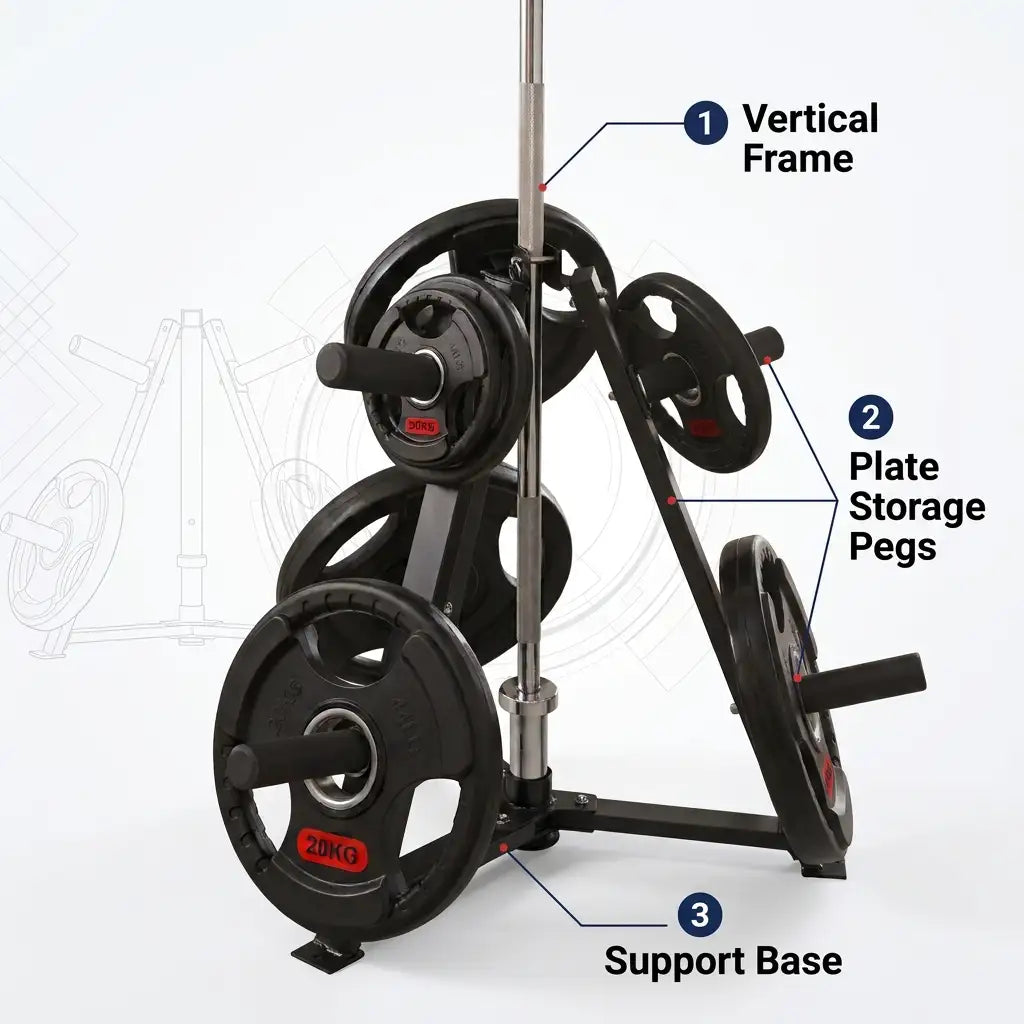 Black and silver weight bench press guide with barbell plates, labeled with callouts for the vertical frame, plate storage pegs, and support base.