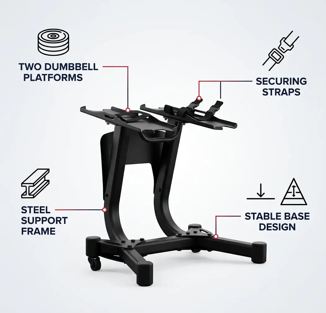 Black steel dumbbell stand with labeled callouts including two dumbbell platforms, securing straps, steel support frame, and stable base design on a light gray background.