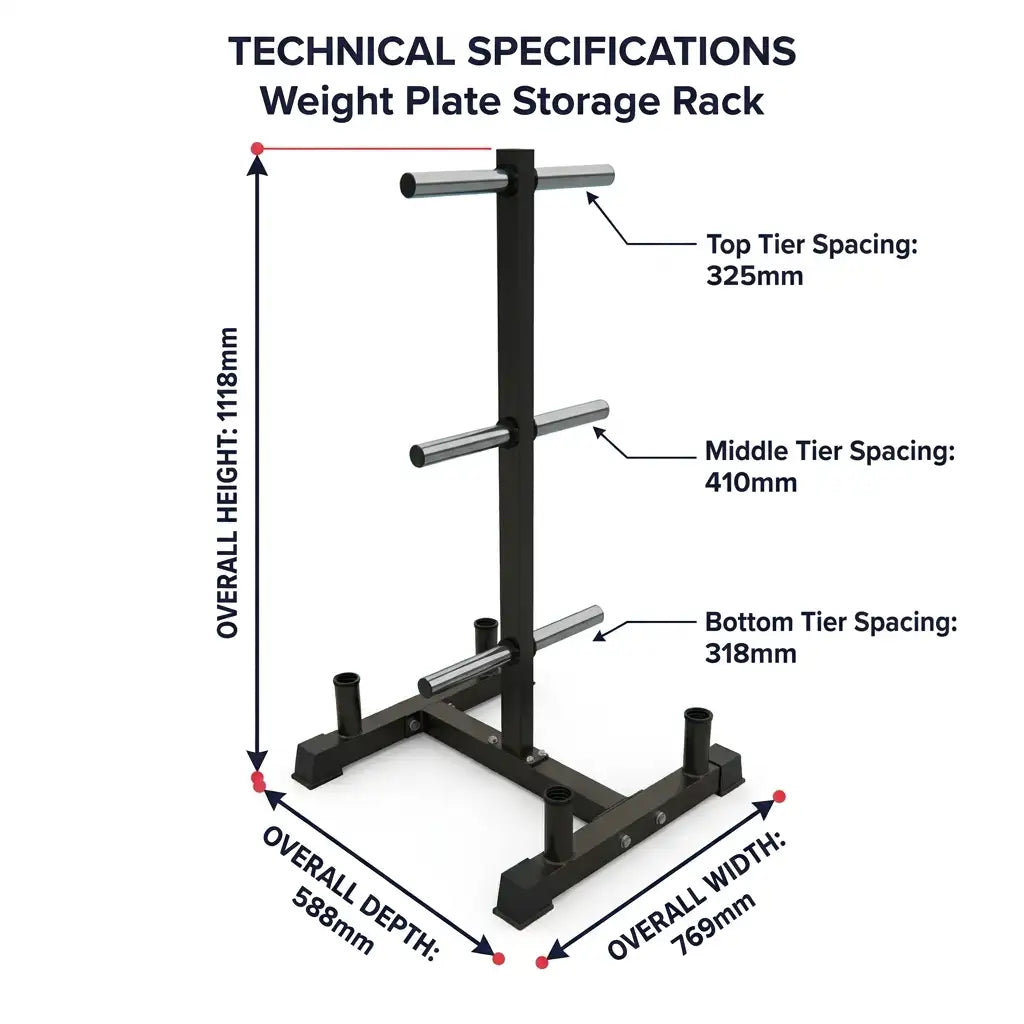 Technical specifications diagram of a weight plate storage rack, showing overall height, depth, and width measurements with labeled spacing for top, middle, and bottom tiers on a white background.