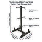 Technical specifications diagram of a weight plate storage rack, showing overall height, depth, and width measurements with labeled spacing for top, middle, and bottom tiers on a white background.