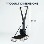 Product dimensions diagram of a rowing machine on a light gray background, showing height of 216cm, base width of 60cm, and base length of 127cm with measurement arrows.