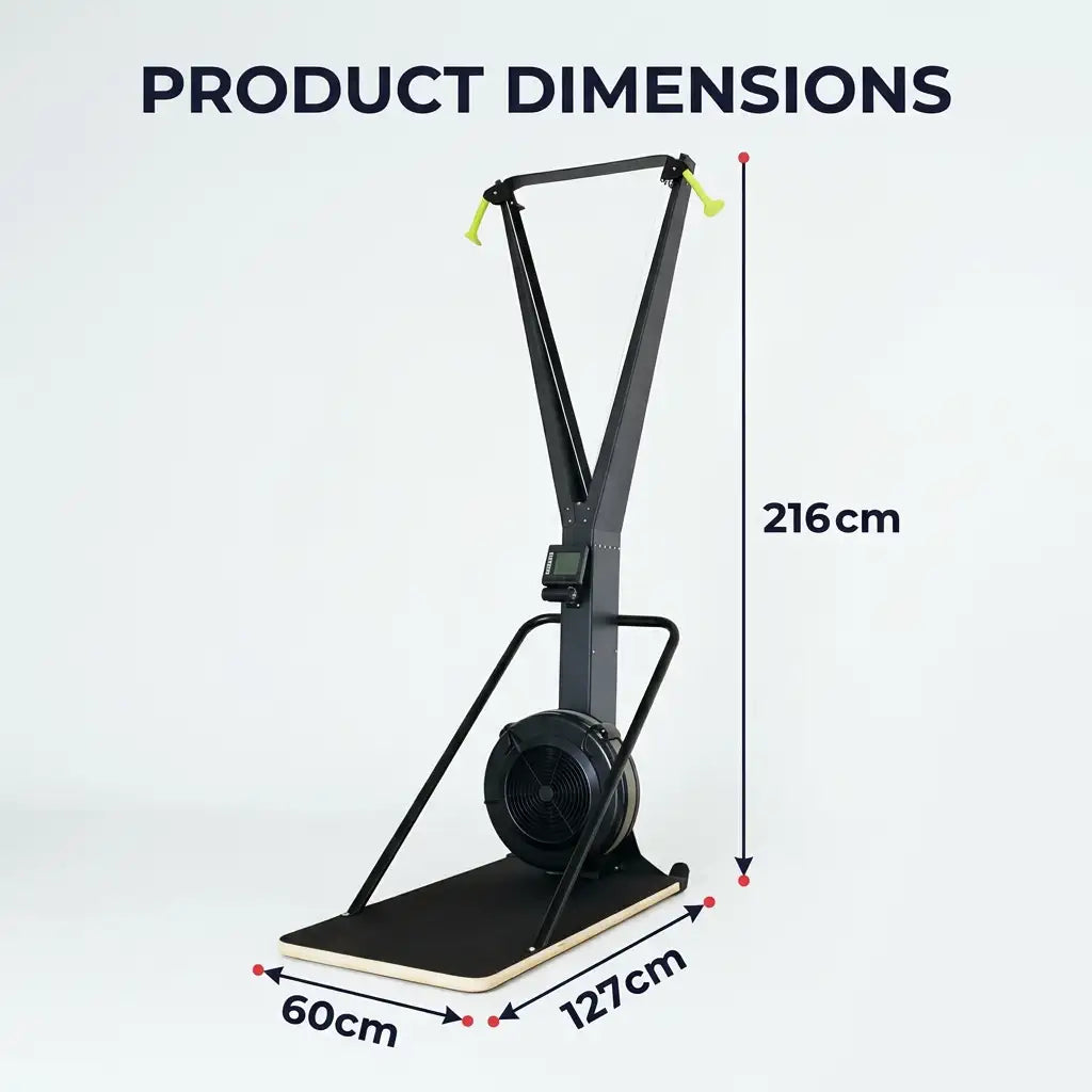 Product dimensions diagram of a rowing machine on a light gray background, showing height of 216cm, base width of 60cm, and base length of 127cm with measurement arrows.