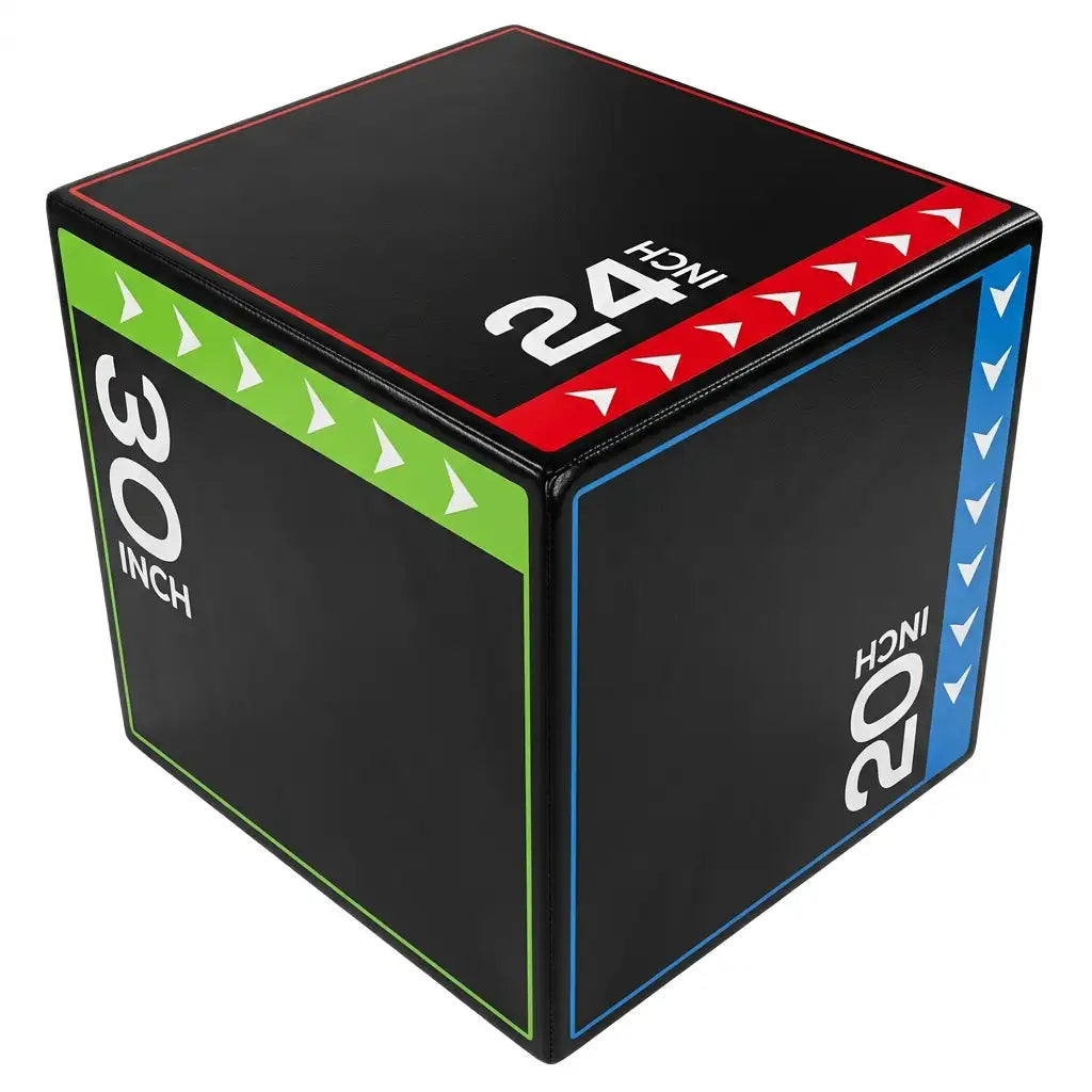 A black plyo box with three colored sides indicating different jump heights: green for 30 inches, red for 24 inches, and blue for 20 inches. The box is shown on a solid white background.