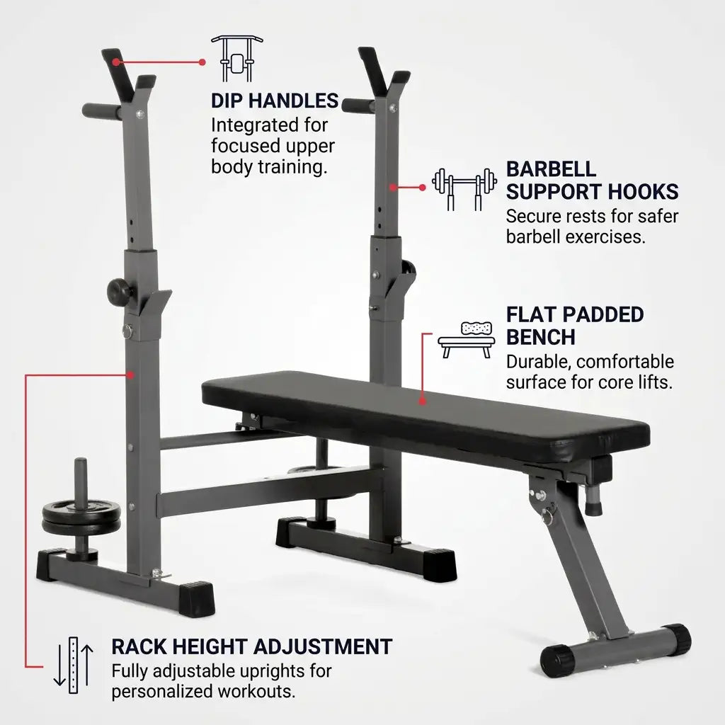 Adjustable Weight Bench with Dip Station & Barbell Rack