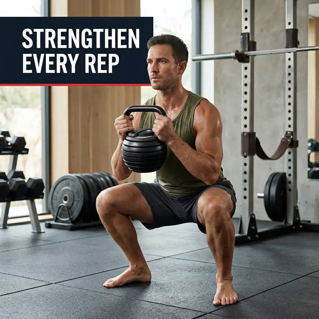 A man in a gym performing a squat while holding a black kettlebell, wearing an olive green tank top and dark gray shorts. A dark navy text banner in the top left reads 'STRENGTHEN EVERY REP'.