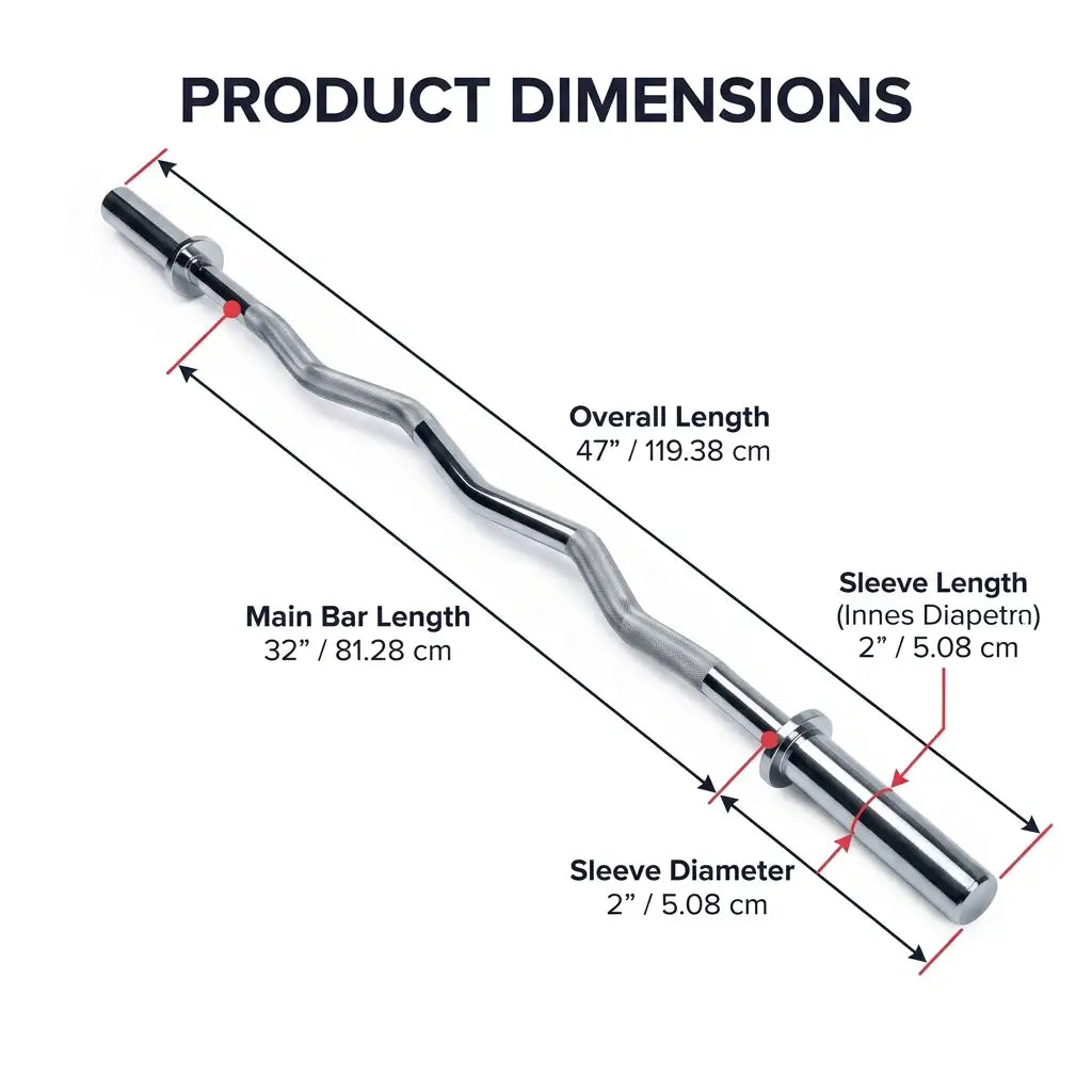 Product dimensions diagram of a bent barbell with labeled measurements including overall length, main bar length, sleeve length, and sleeve diameter on a white background.