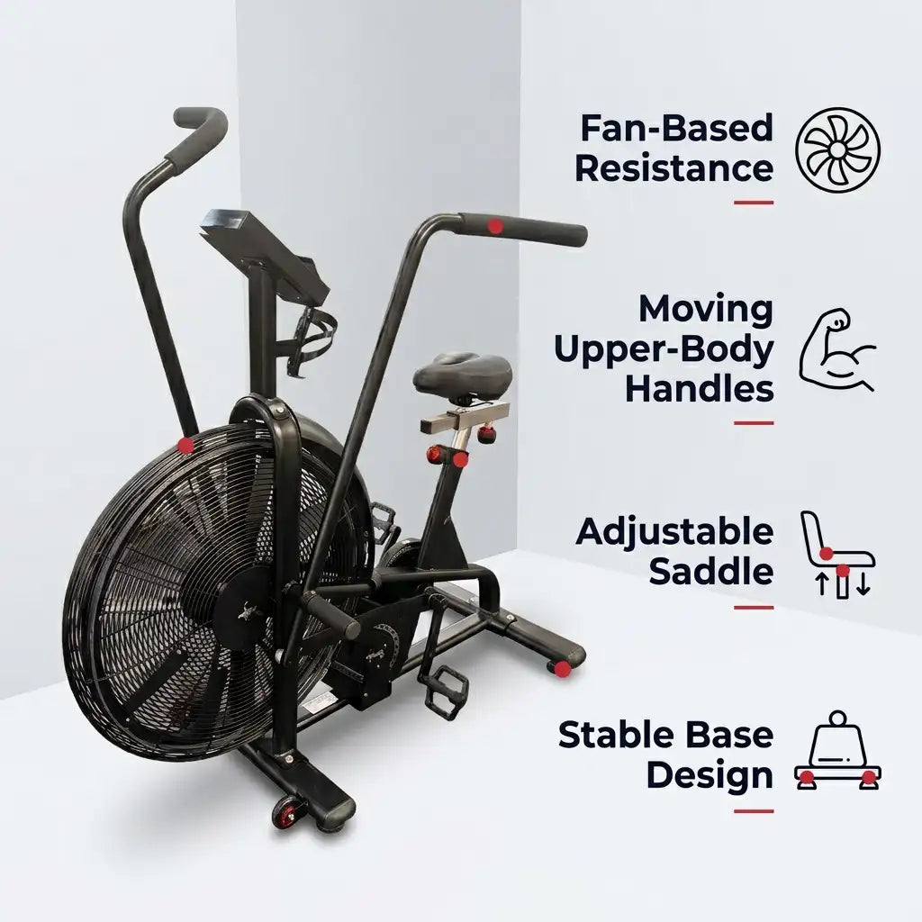 Black air resistance exercise bike with a large front fan, padded saddle, and upright handlebars, shown on a light gray studio background with feature callouts and icons.