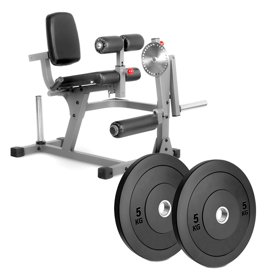 A professional leg extension and curl machine with a gray steel frame and black padded comfort seating.