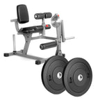 A professional leg extension and curl machine with a gray steel frame and black padded comfort seating.