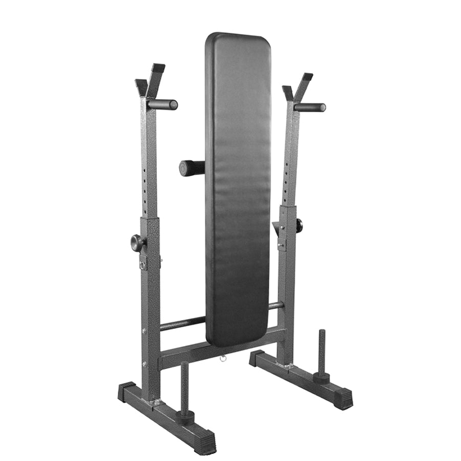 Gray weight lifting bench with adjustable backrest on a white background