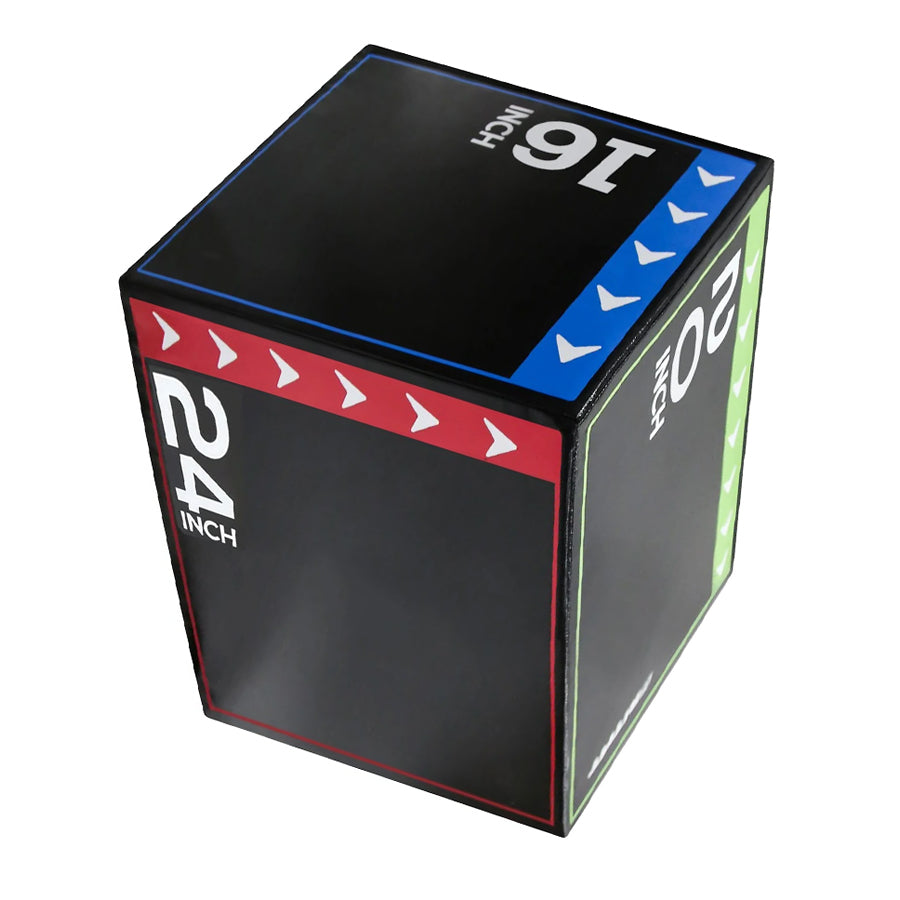 A 3-in-1 soft plyometric jump box with non-slip surface, marked with measurements for 20 inch, 24 inch, and 30 inch heights on the sides.